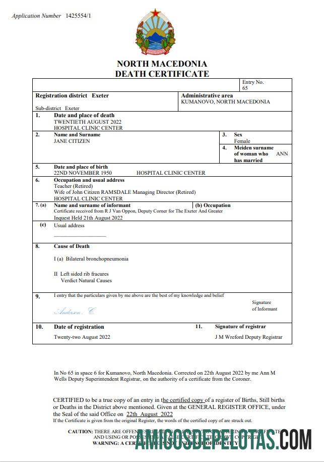 Para baixar modelo Word e PDF de certidão de óbito da Macedônia do Norte